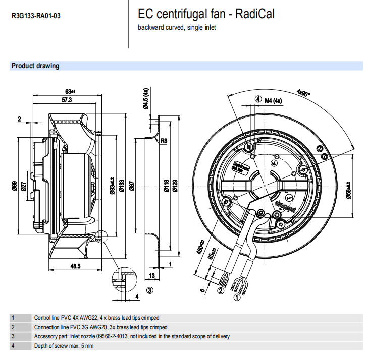 Wentylator odśrodkowy EC - RadiCal (wygięty do tyłu, pojedynczy wlot) -R3G133-RA01-03